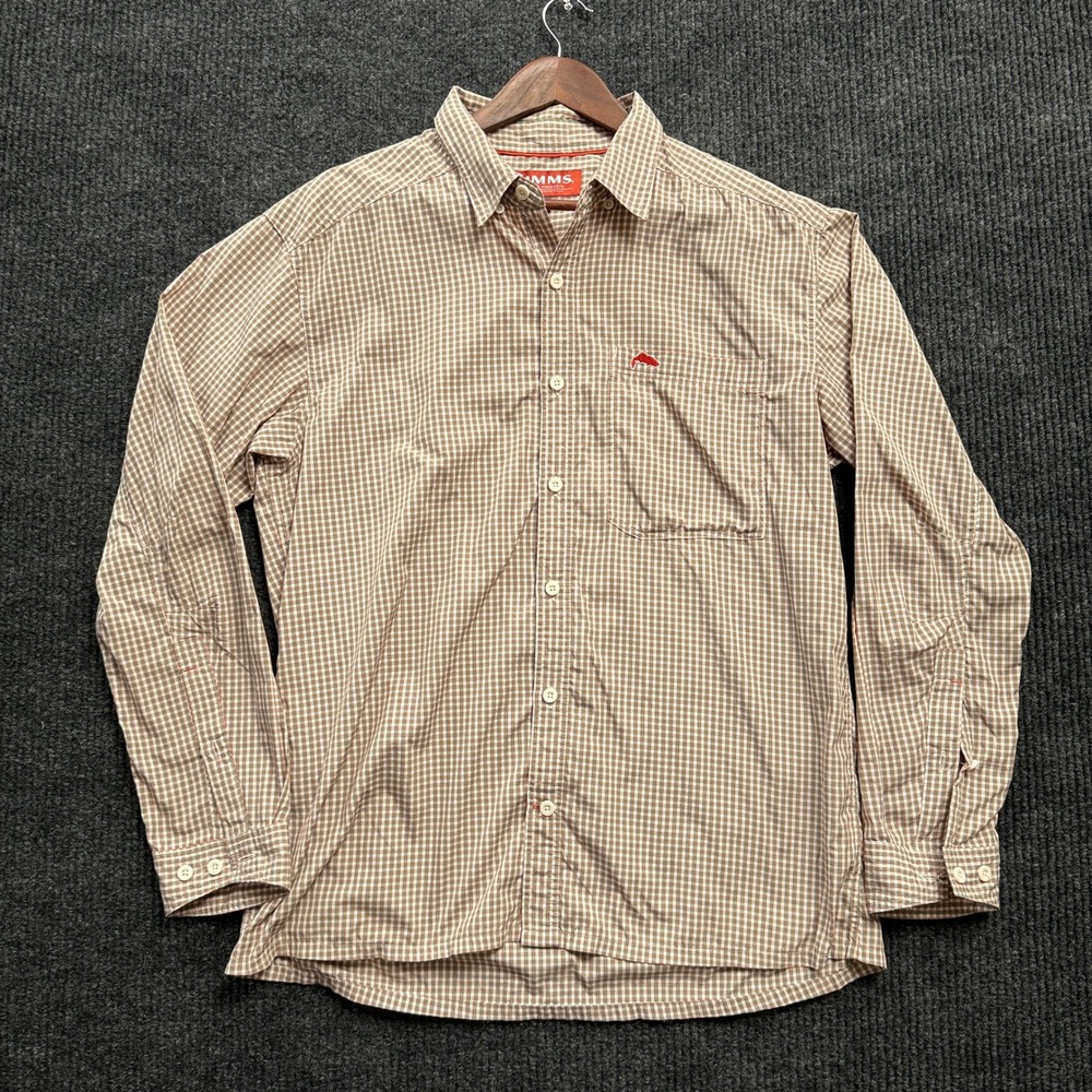 Simms Fishing Shirt Mens Large Plaid Long Sleeve Button Up Olive Orange Outdoor